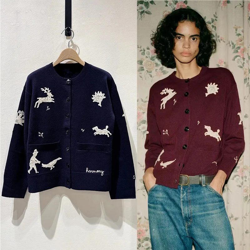 

【Gift Free】 French Chic Lace Applique Animal Embroidered Wool Round Neck Knit Sweater 2025 Fall Winter Versatile Cardigan