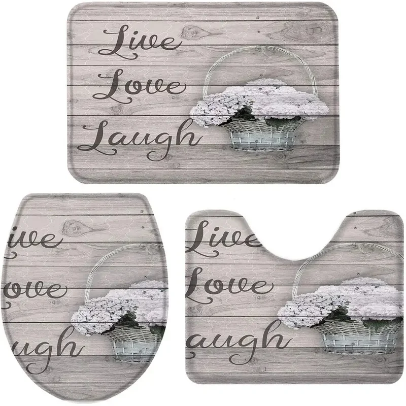 Live Laugh Love Beautiful Flowers Wood Background Bath Rug 3 Piece Bathroom Rugs Set U-Shape Toilet Mat Doormat Lid Cover