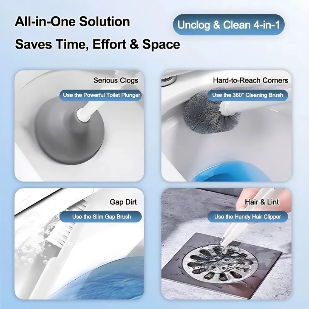 

4 in 1 Toilet Brush Holder Wall Mounted Long Handle Toilet Bowl Brush No Dead Angles Toilet Cleaning Brush Home Toilet