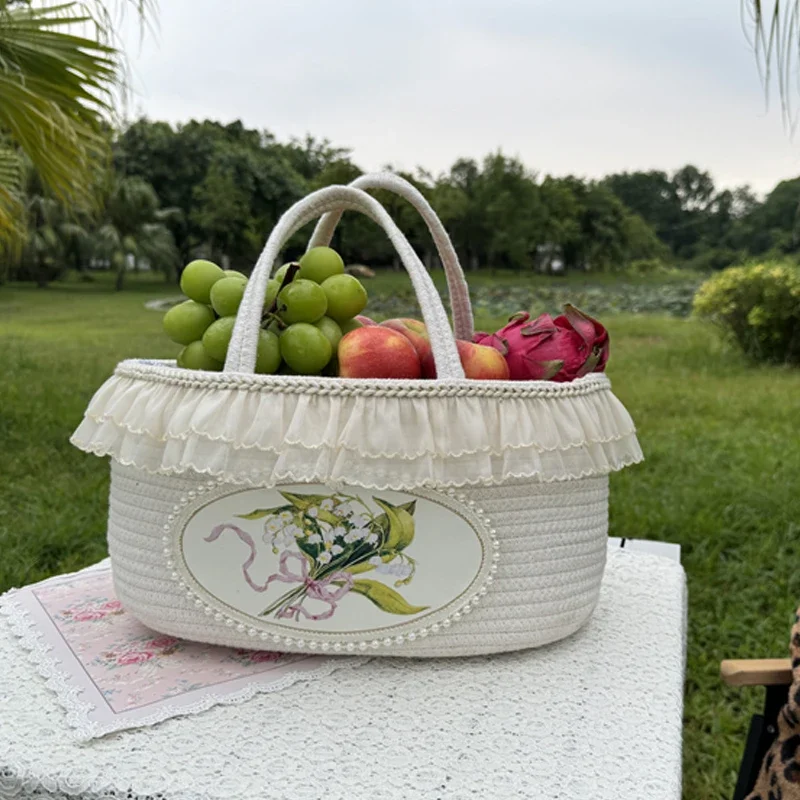 Handmade Braided Storage Basket Lily of the Valley Handbag Retro Cotton Woven Pocket Pastoral Elegant Portable Picnic Basket