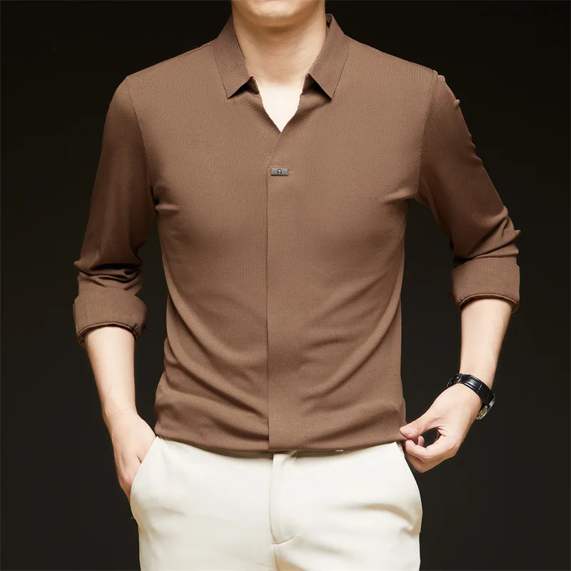 Men's Long Sleeved T-shirt Men's New Style Lapel Top for Young and Middle-aged Casual Fashion Long T Solid Color Trendy Men's