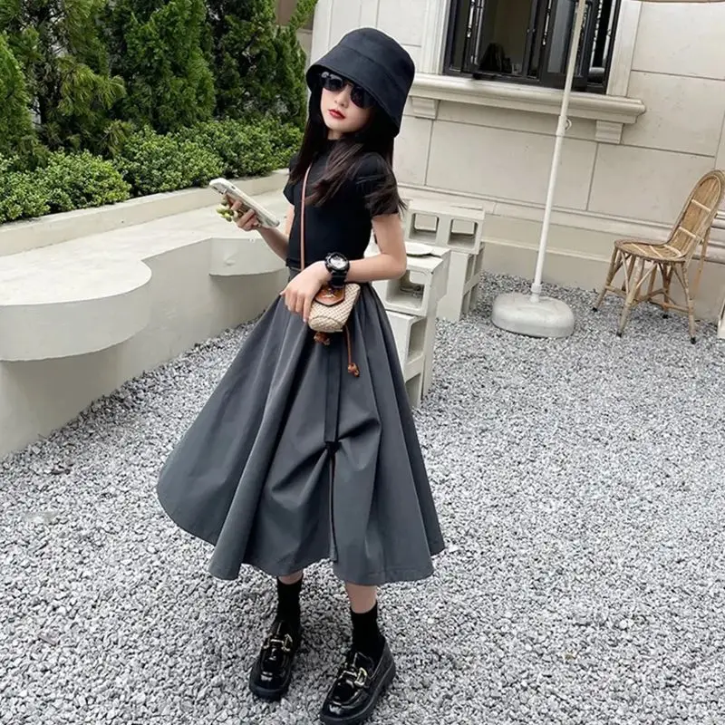 

Girls Set 2023 Summer New Solid Color Korean Half Skirt Girls Children's Short Top T-shirt Two Piece Sets Kids Clothes Toddler 7