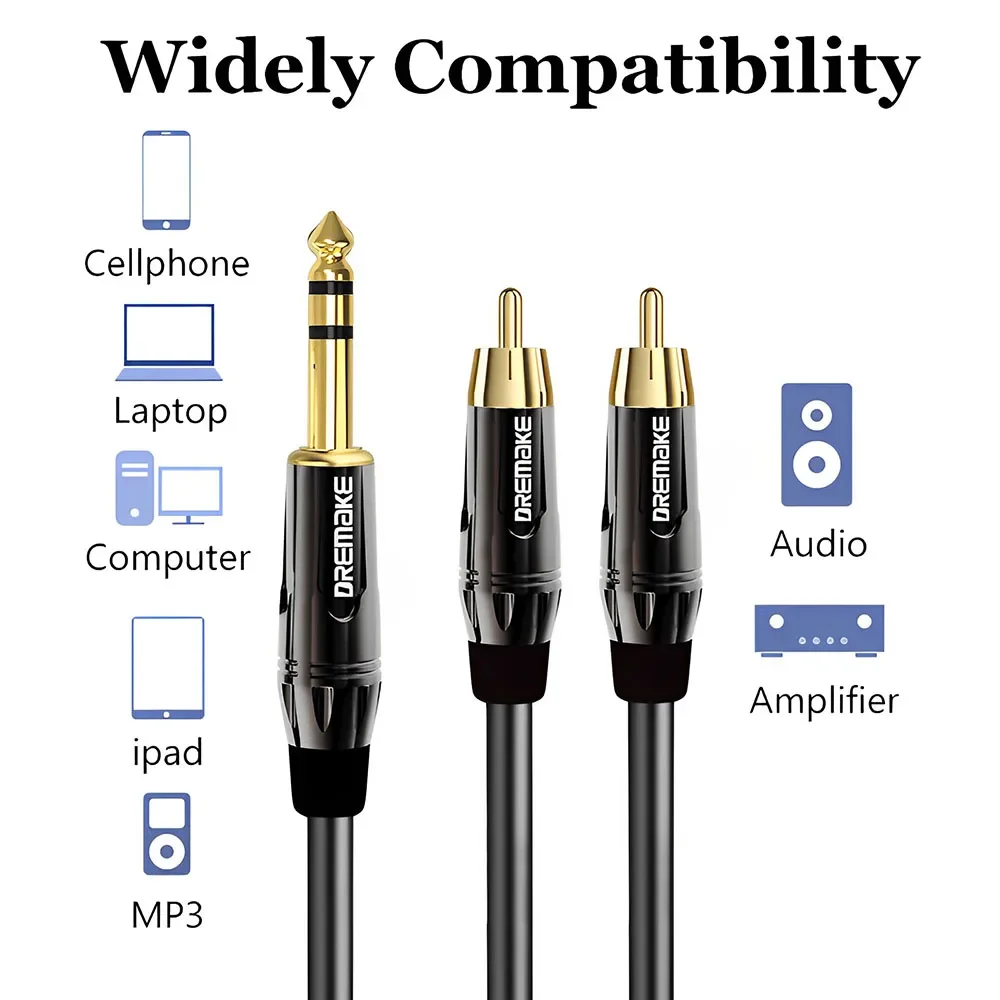 6.35mm To 2 RCA Audio Cable 6.5mm TRS To Dual RCA Cables for Amplifier Mixer Connect Electric Guitar Drum Audio Extension Cord