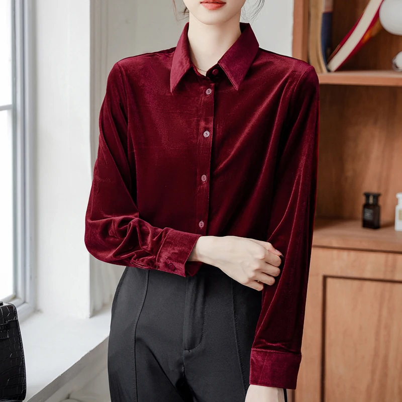 Elegant Autumn Winter Office Lady Basic Tops Vintage Long Sleeve Velour Blouses Women Fashion Turn Down Collar Button Shirts