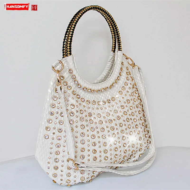 

2024 luxury fashion diamond women handbags wild patent leather shoulder bag slung white rhinestone large capacity messenger bag