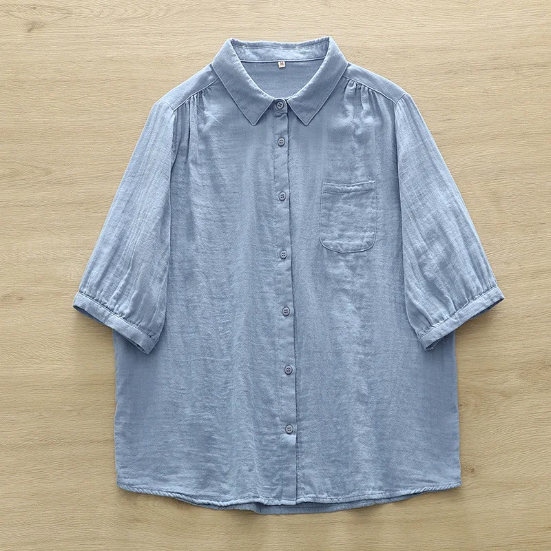 New Spring Cotton Yarn Solid Shirt Women Lapel 3/4 Sleeve Literature Tops Girl Loose Simplicity Blouses 2024 Autumn T45853QC