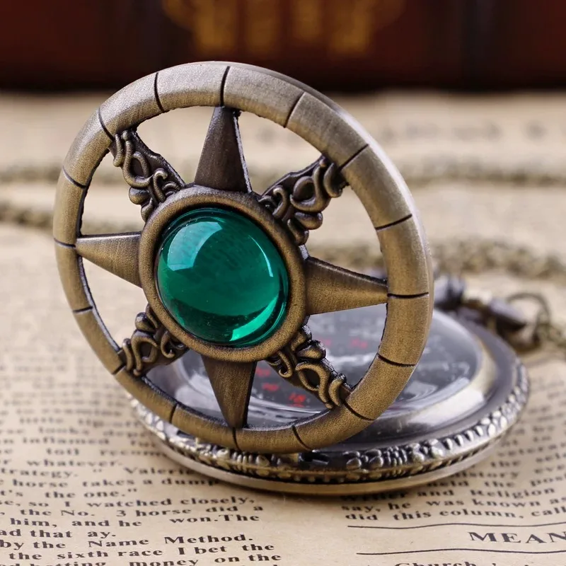 녹색 보석 할로우 매직 스타 양각 석영 주머니 시계 빈티지 다이얼 여성 남성 목걸이 펜던트 쥬얼리 시계 축제 선물