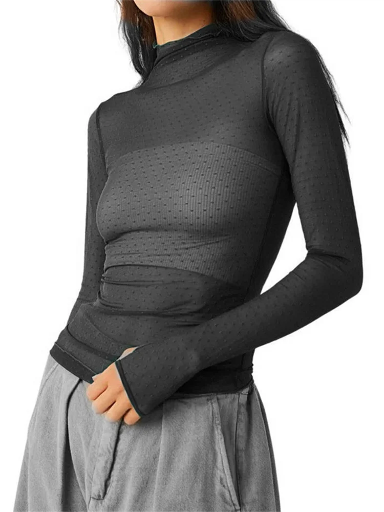 2024 Summer Women See Through T-shirt Long Sleeve Turtleneck Slim Fit Tops Sheer Mesh Club Sexy Chic Shirts Smock Clubwear