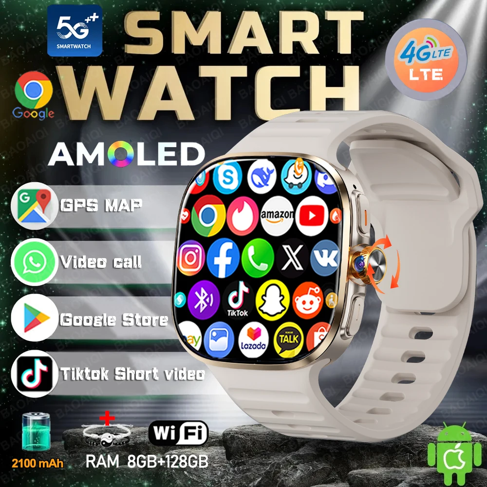 Смарт-часы с полной сетевой картой 5G/4G, 8 ГБ + 128 ГБ ОЗУ, 2,40 дюйма, большой экран, HD-видеозвонок, 2100 мАч, Google Play, WIFI, GPS, умные часы