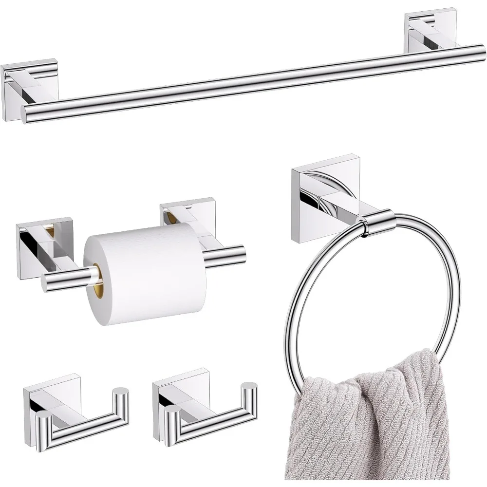 

Polished Chrome 5-Piece Bathroom Hardware Set with Towel Bar, Ring, Toilet Paper Holder & Hooks, SUS304 Wall Mounted
