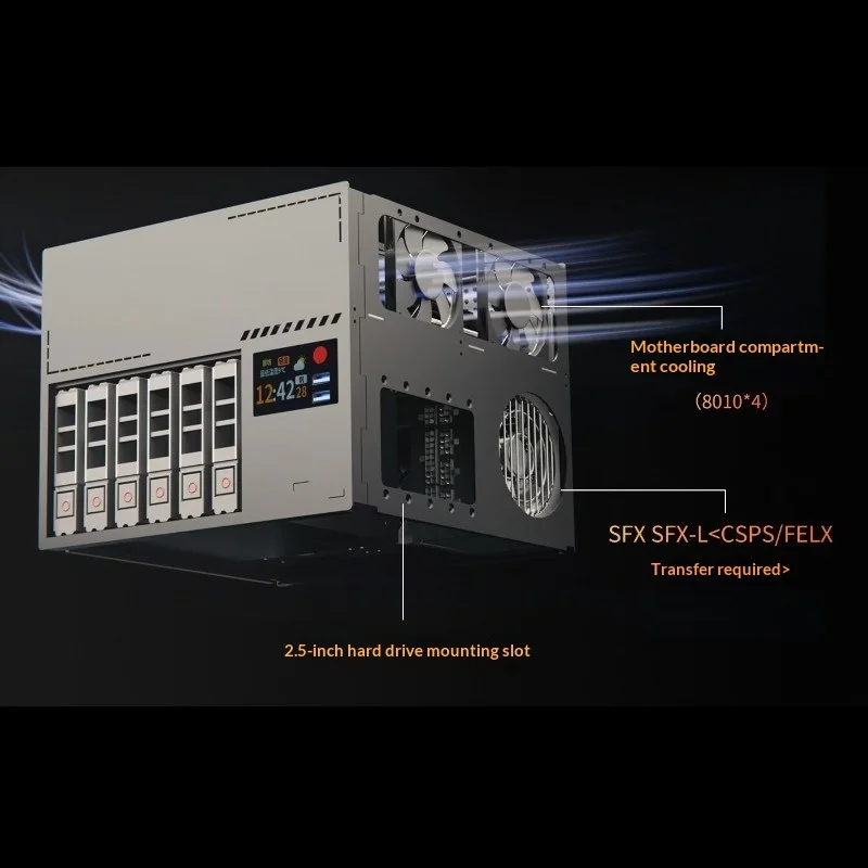 Flex 1U PSU Mini NAS Chassis, 210mm High ITX, 6+2 Drive Bays (3.5"/2.5"), Dual Fan Cooling & 3-Stage Shock Absorption