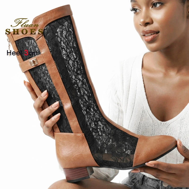 

Model Catwalk Show Lace Boots Breathable Mesh Summer Mid-calf Cool Boots 3CM Block Heel Women Back Zip Lace Shoes Botas Mujer CD
