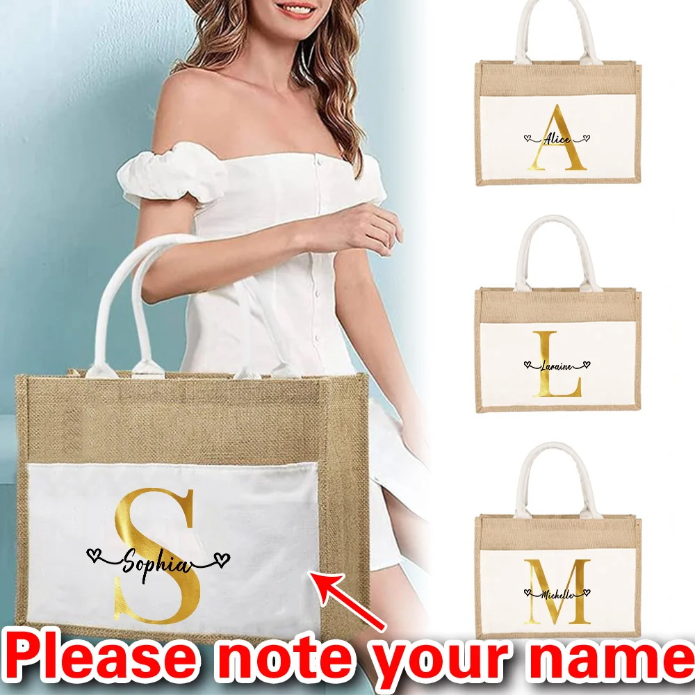 

Customizable Name Linen Handbag Linen Shoulder Bag Women's Shopping Bag Grocery Shopping Bag Gold Letter Pattern