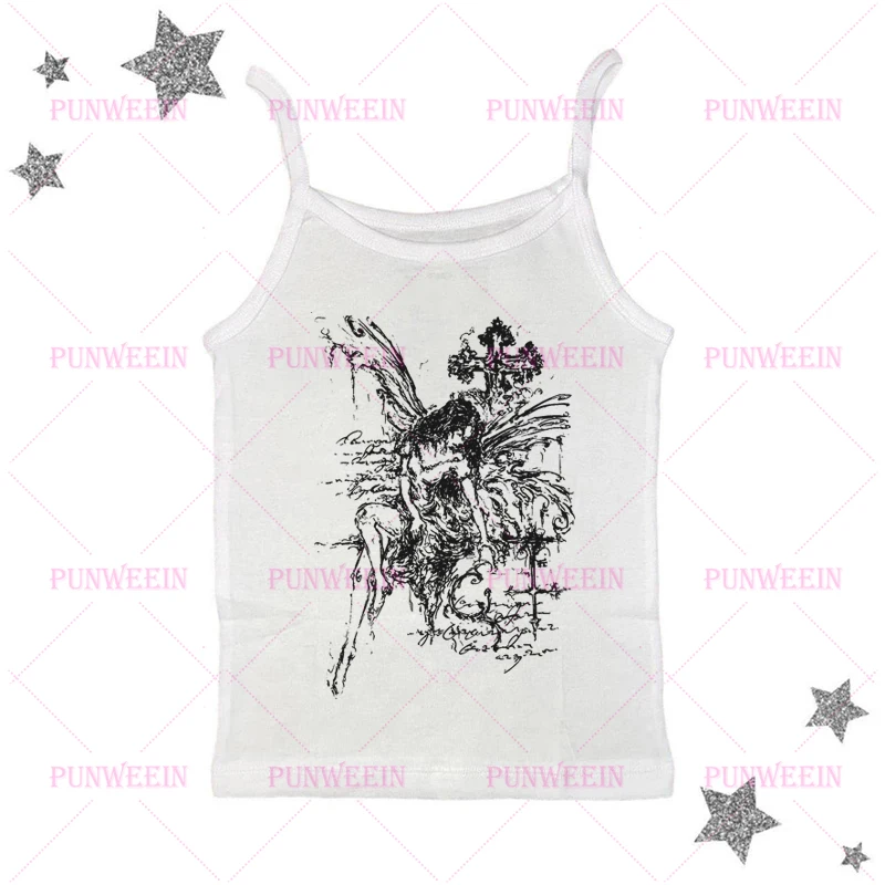 Aesthetic Angel Goddess Vintage Print Short Sleeve Slim tank top Summer Gothic Casual Vest Sweet Streetwear Y2k Tees Anime Tops