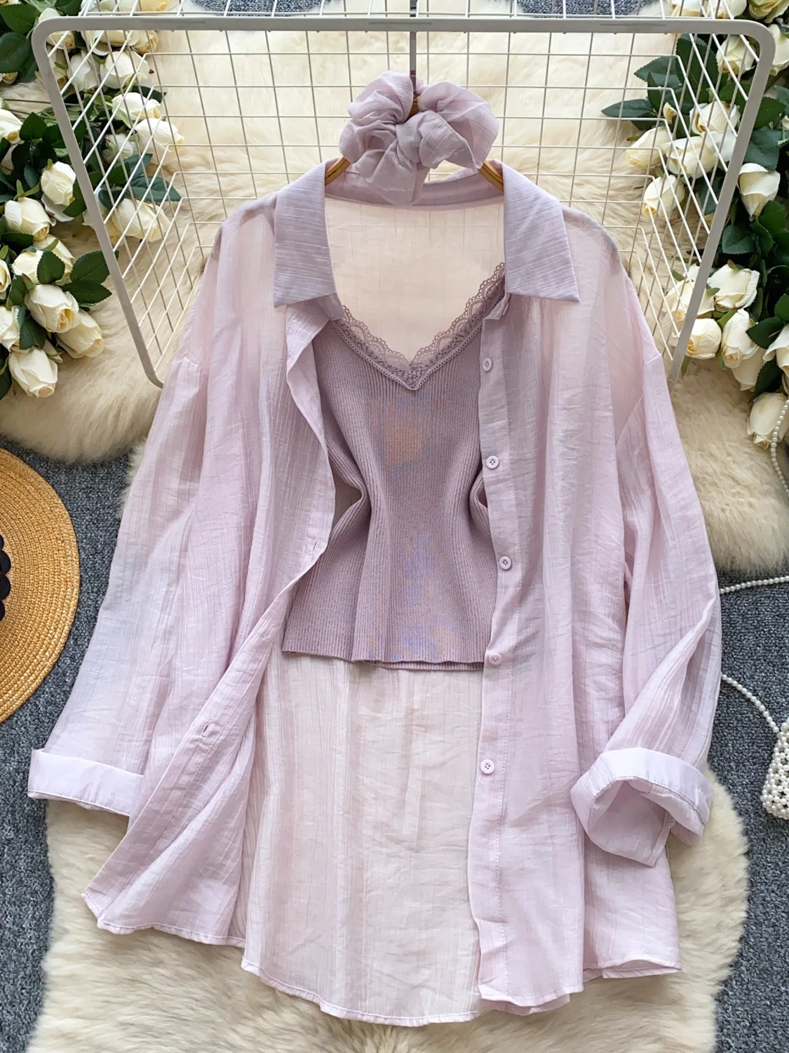 

Casual Knitted Two-Piece Set Women's Light Weight Sun Protection Cardigan + Knitted Tank Top Faionable Korean Sle