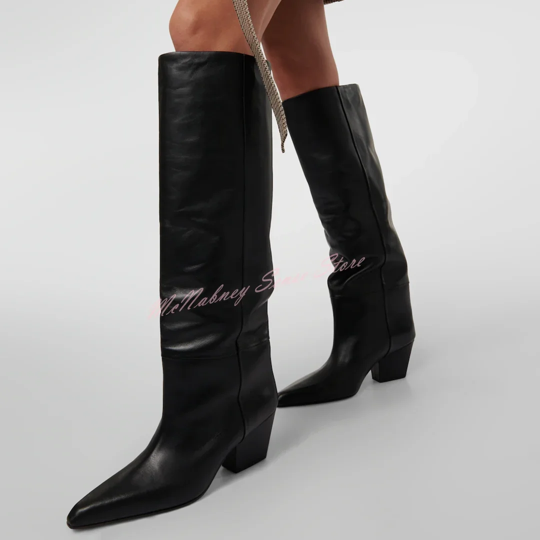 

Genuine Leather Chunky Heels Boots Pointed Toe Solid Black Knee High Boots Women New Shoes Winter Party Casual Slip On Shoes