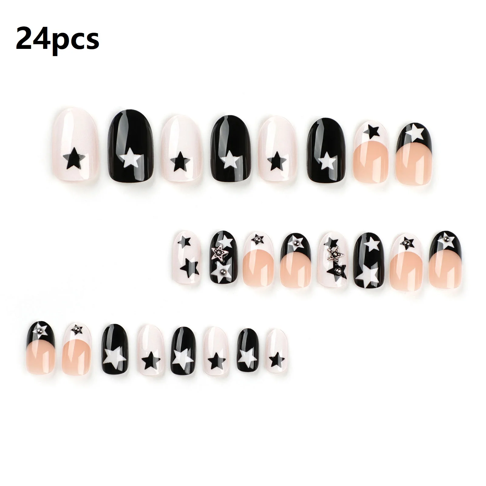 24pcs Black White Star Cluster Glossy False Nails Charming Comfortable to Wear Manicure Nails for Shopping Traveling Dating