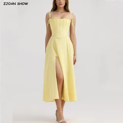 2024 Sexy Solid Yellow Hem Slit Midi Long Strapless Dress With Cross Bandage Lacing up Crop Top Fairy Robe 2 pieces 1 Set