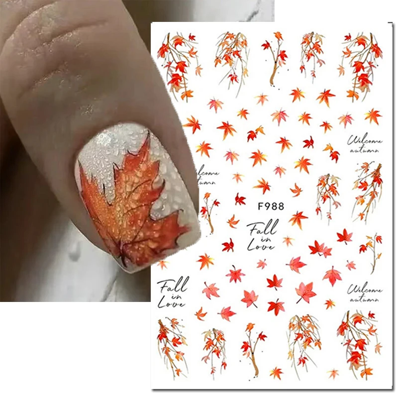 

3D Nail Art Stickers Autumn Dry Red Golden Maples Leaves Adhesive Sliders Nails Decals Decorations For Manicures