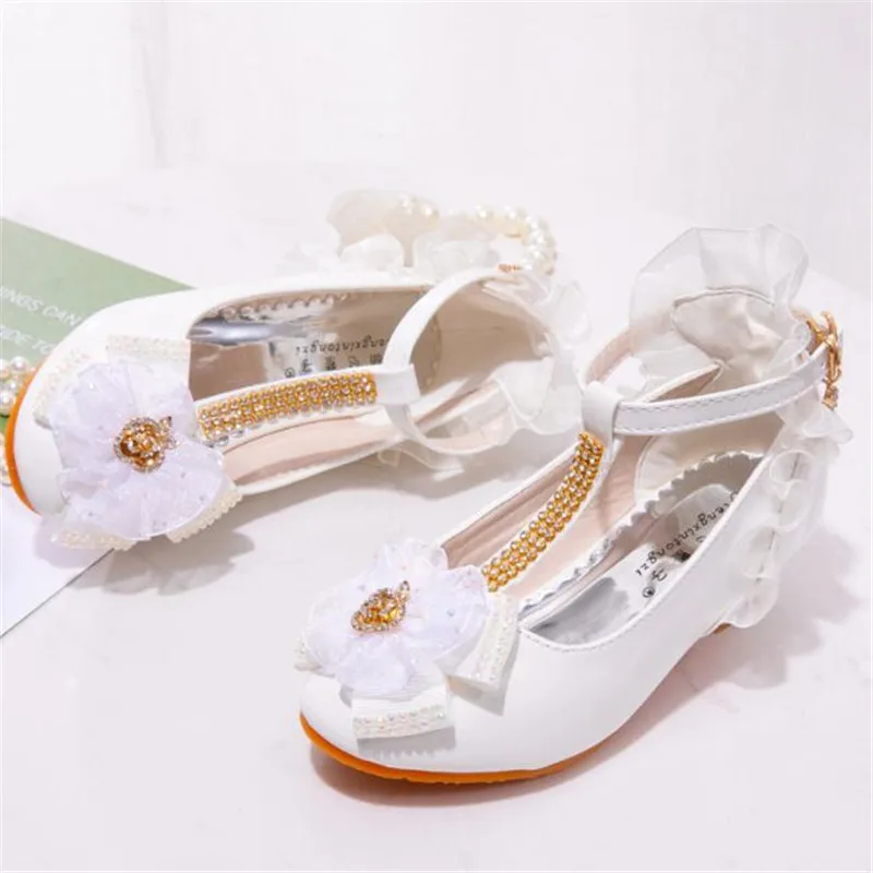 Children Party Leather Shoes Girls PU Low Heel Lace Flower Kids Shoes For Girls Single Shoes Dance Dress shoe White Pink