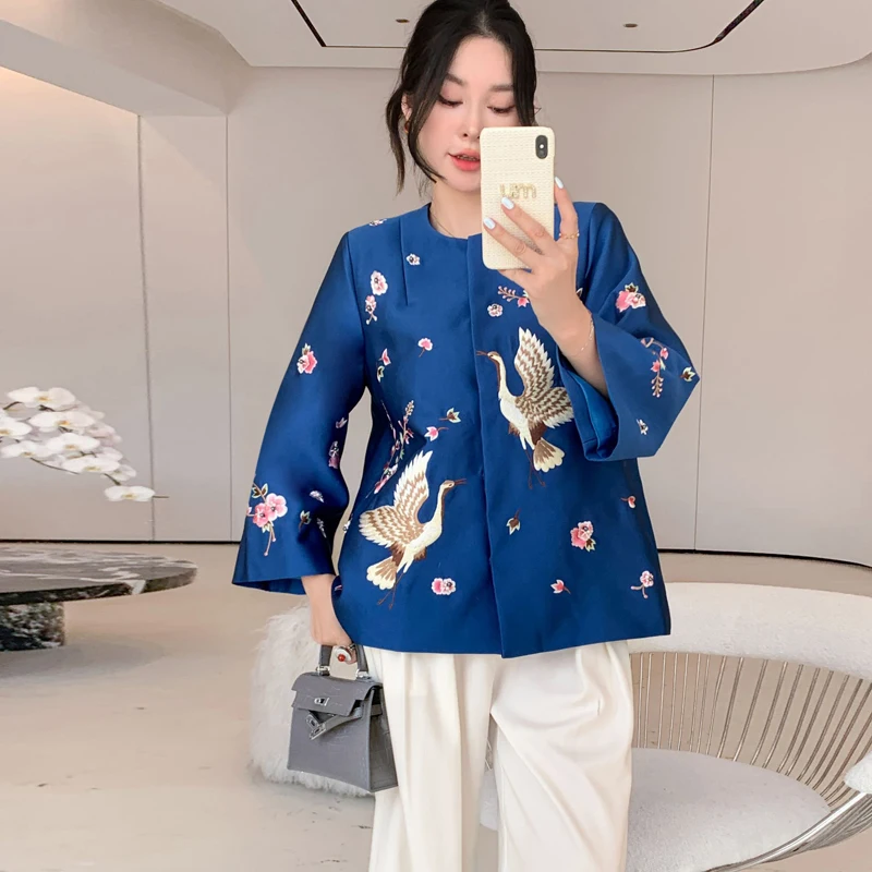 

Artistic Lady's Jacket Chinese Style Embroidery Heavy Work Crane Pattern Windproof Long Sleeve Thickened Blue Outerwear