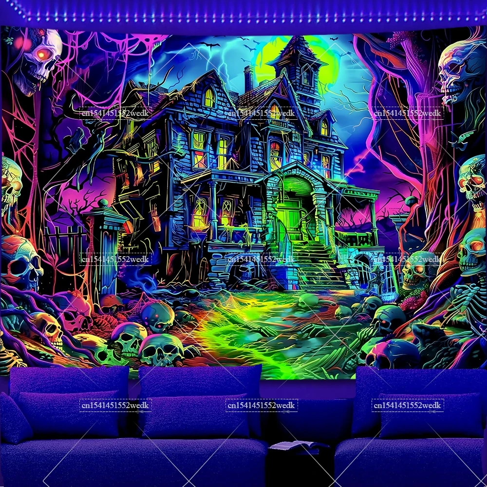 Forest Castle Blacklight Tapestry UV Reactive Bookshelf Cat Neon Tapestrys Glow In The Dark Gothic Skull Landscape Tapestrys
