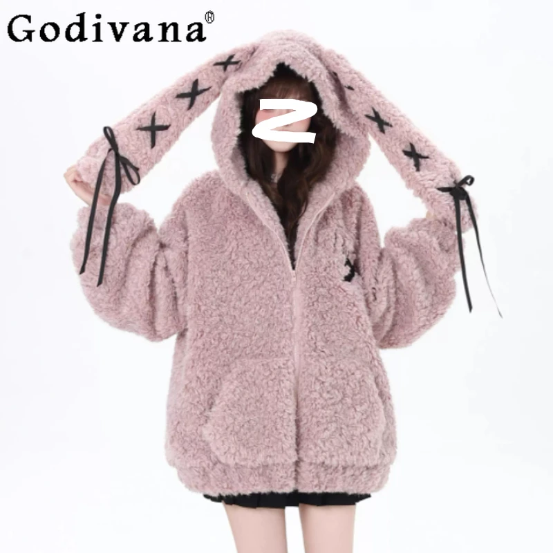 Winter New Fashion Age Reduction Sweet Girls Loose Artificial Lamb Hooded Jacket Korean Warm Thickened Long Sleeve Zipper Coat