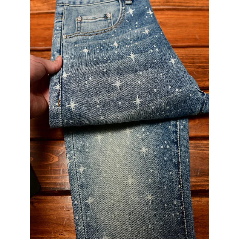 

Flash printed light luxury jeans men with and small feet 2025 autumn men's clothing elastic casual pants