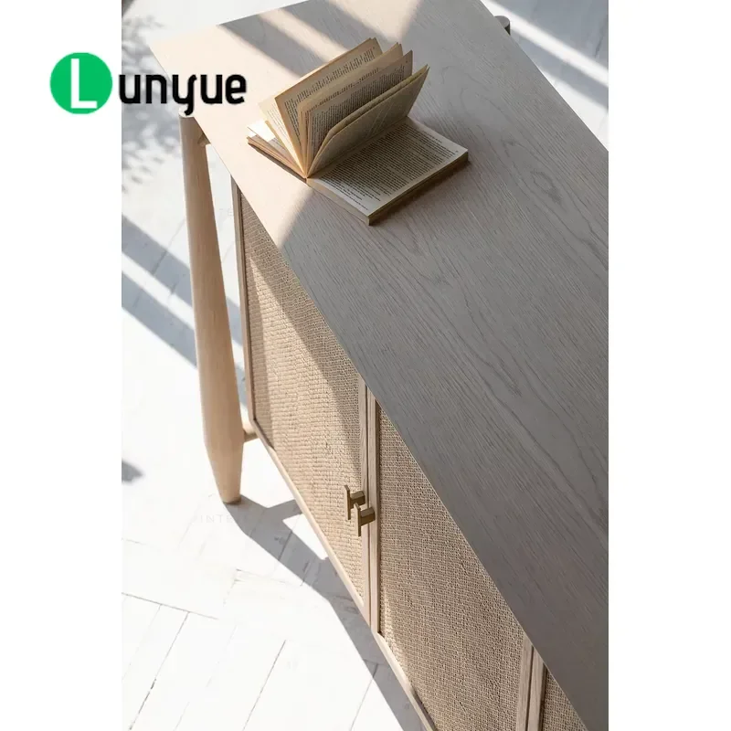 Nordic Wabi Sabi Farmhouse Natural Oak Rattan Antique Sideboard Wooden Storage Cabinet for Living Dining Room Home Furniture