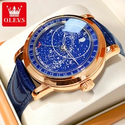 OLEVS Original Men's Automatic Mechanical Watch Fashion Business Leather Strap Luxury Diamond Starry Sky Moon Phase Men's Watch