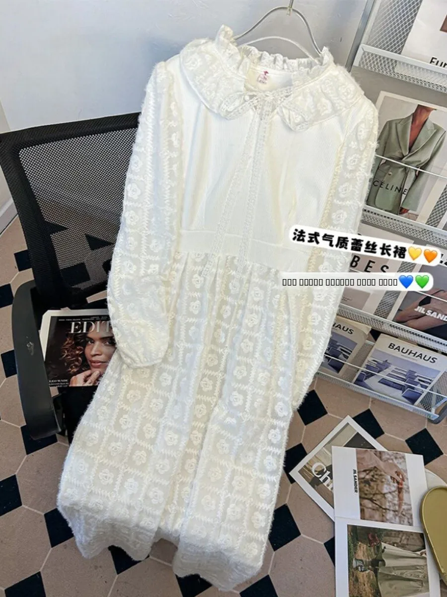 벨벳 플로럴 자수 드레스 여성용 가을 시즌 미스 공의 첫사랑 필터 스완 화이트 플로잉 롱 스커트 A라인