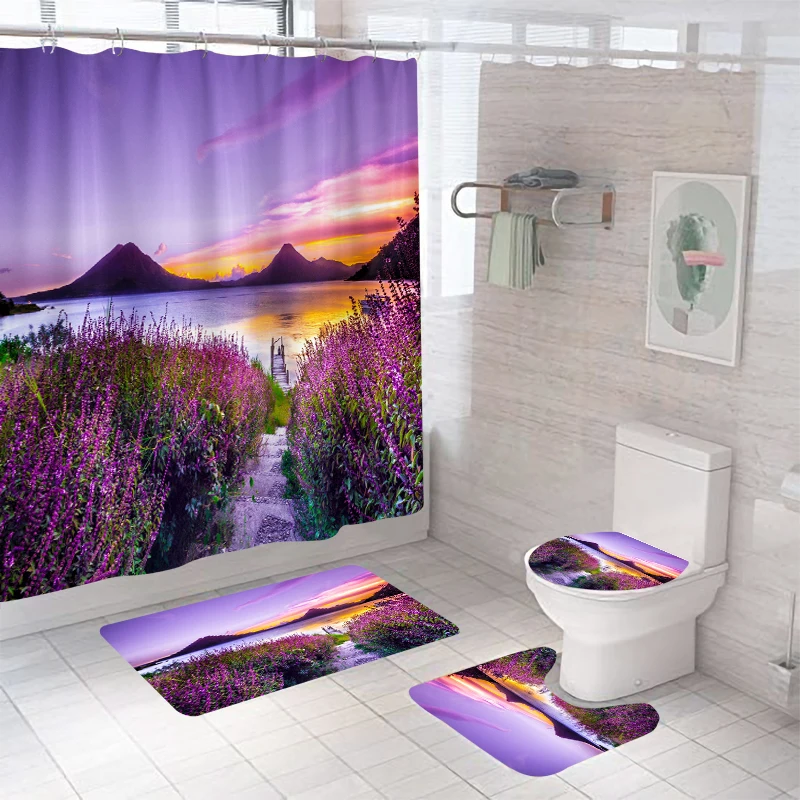 

3D Purple lavender Pastoral Scenery Printing Shower Curtain Bathroom Curtains Set Bath Mat Rug Carpet cortina de ducha