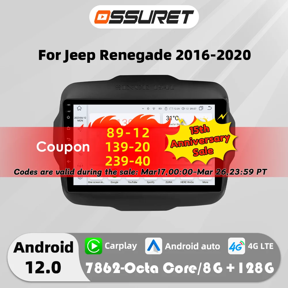 

2DIN Android 12 Auto Car radio for Jeep Renegade 2016-2020 Multimedia Video player GPS navi Stereo 4G BT Carplay 7862 Autoradio