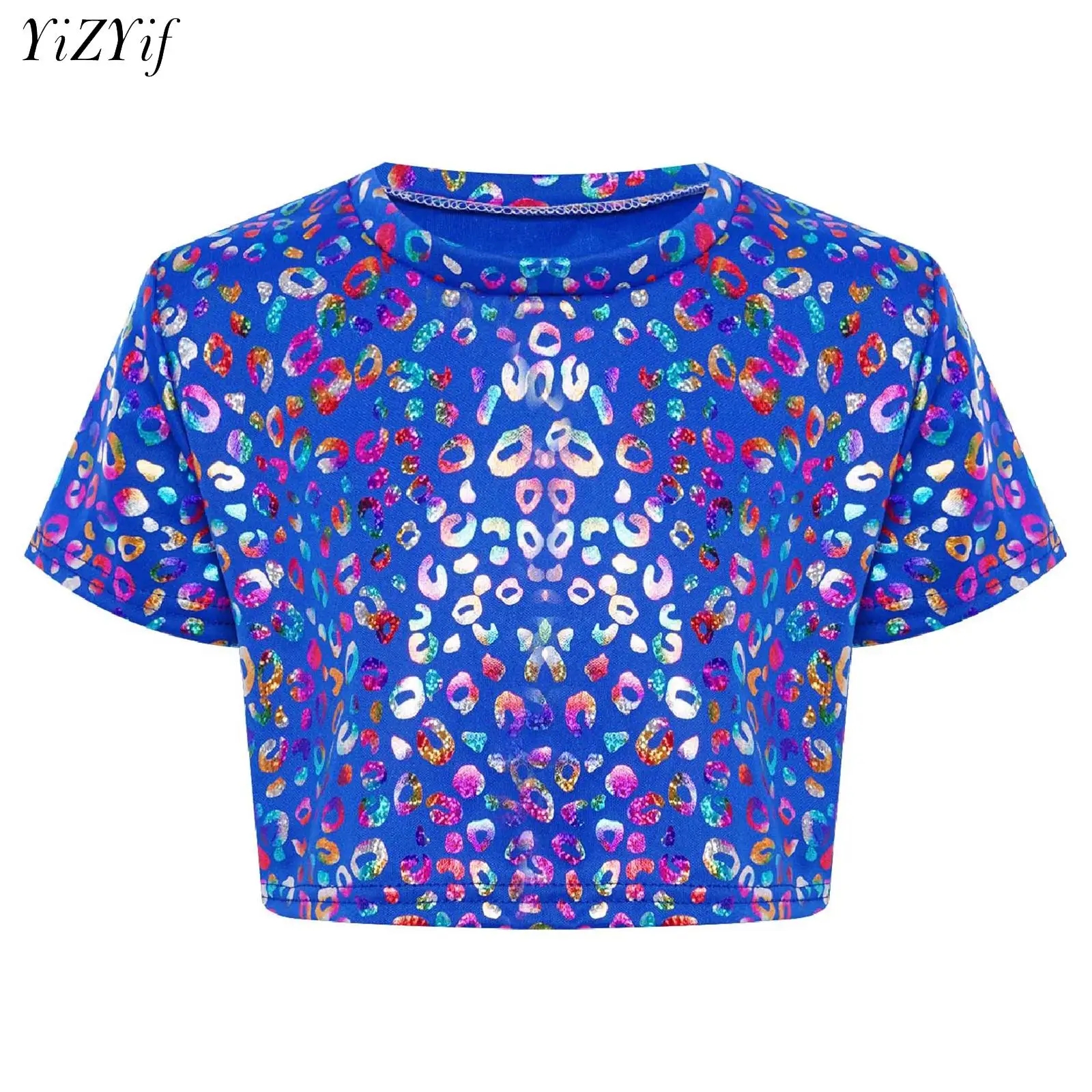

Kids Girls Jazz Dance Tops Metallic Shiny Short Sleeve T Shirt Modern Jazz Cheerleading Party Stage Performance Top Dancewear