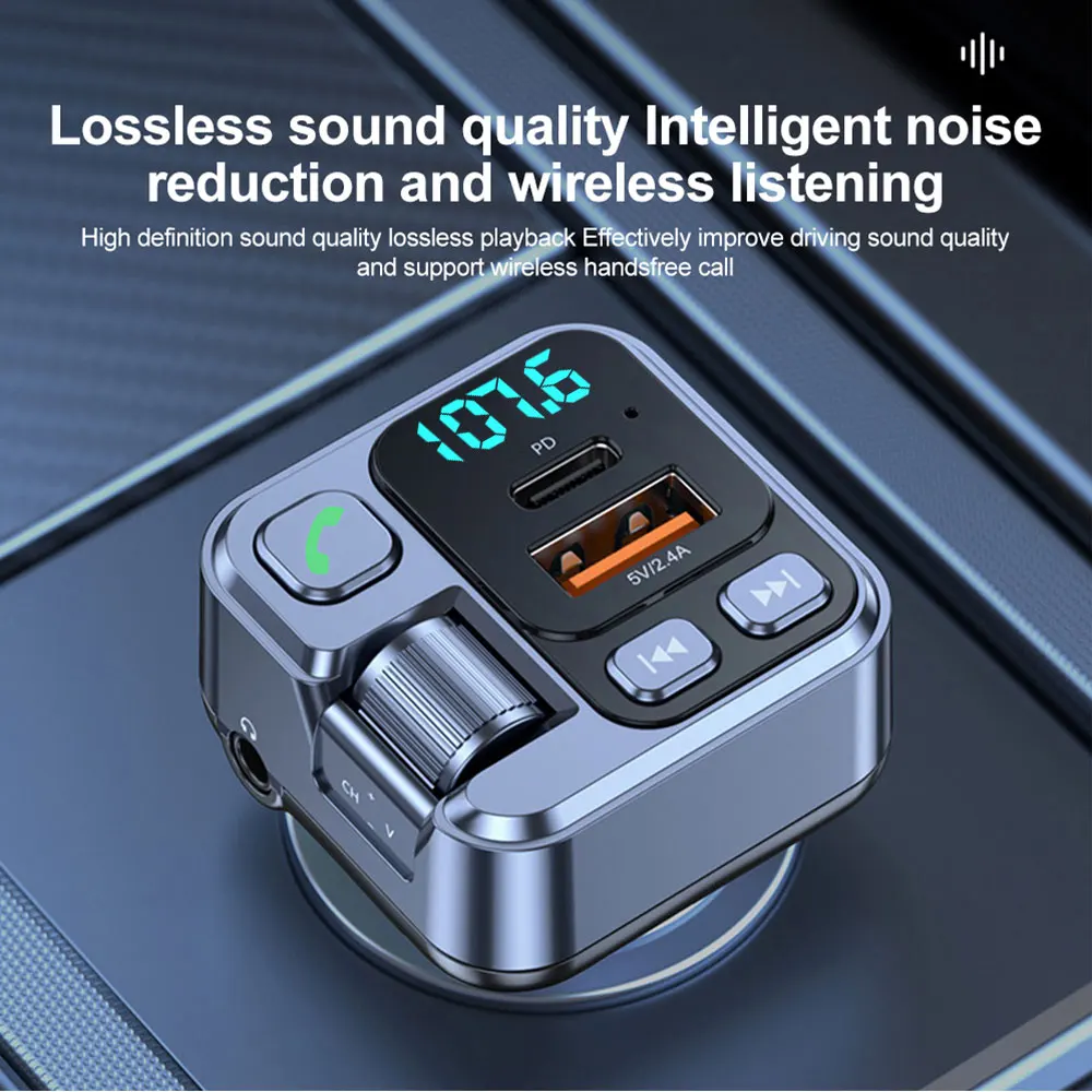 2.4A Car Charger Bluetooth 5.1 FM Transmitter 20W PD Fast Charging Adapter Car Radio with Mic for Wireless Hands Free MP3 Player