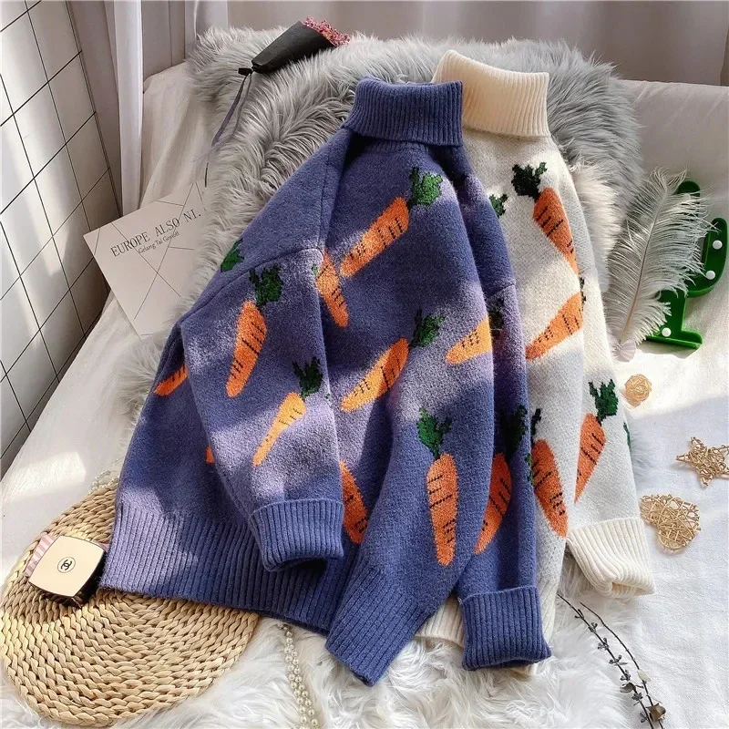 

Womens Winter Sweaters Carrot Print Loose Solid Color Long Sleeve Sweater Korean Fashion Harajuku Turtleneck Pullovers A0044