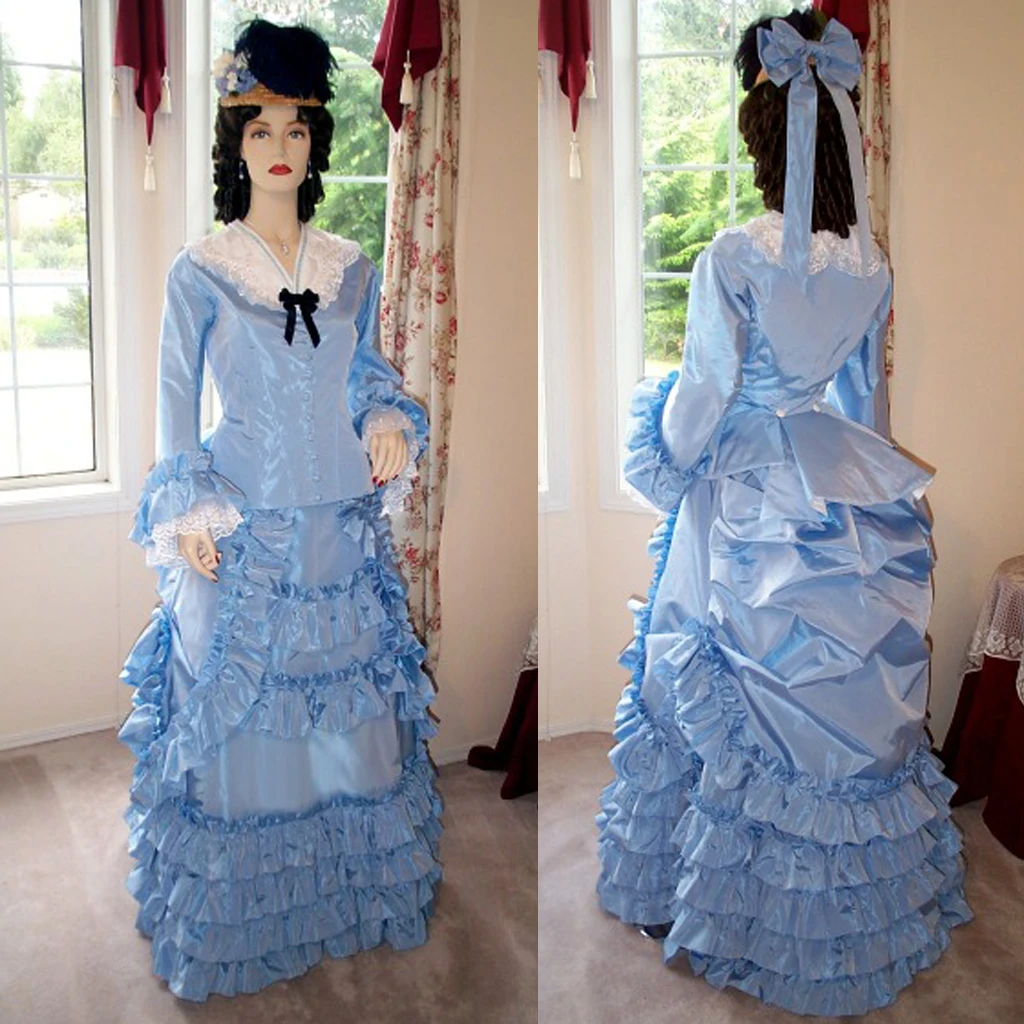 

1860S Victorian Bustle evening dress duchess daily walking dress Victorian civil war southern belle blue dress vintage dress