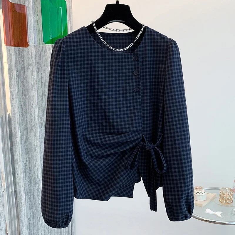 여성용 체크무늬 긴팔 셔츠 라운드넥 허리끈 디자인 면 폴리에스터 혼방 오리지널 디자인 슬림핏 탑 봄 가을 신상
