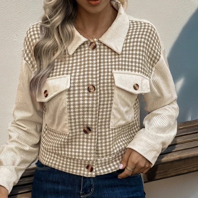 

Hot Selling 2025 Plaid Printed Corduroy Patch Lapel Long Sleeved Women's Casual Short Jacket Jacket