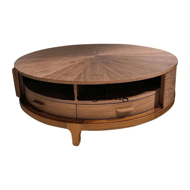 

ZHB New Chinese Zen Black Walnut Ash Wood Solid Wood Coffee Table Round Office Hotel Homestay Storage Coffee Table