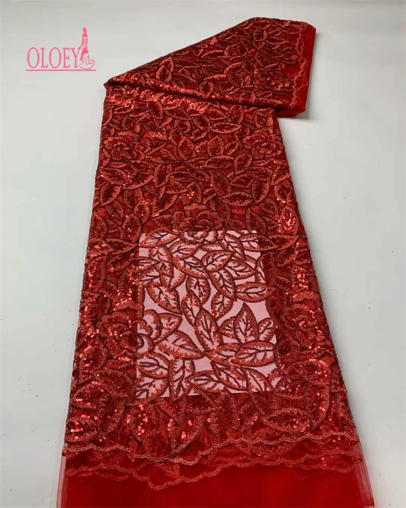 

OLOEY High Quality French Nigerian SequinsAfrican Tulle Mesh Sequence Lace Fabric For Dress