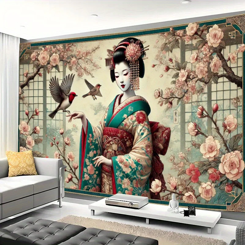 Japanese Geisha Tapestry Wall Hanging Cherry Blossom Tree Bird Art Fabric Poster for Living Room Bedroom Home Decor Aesthetic