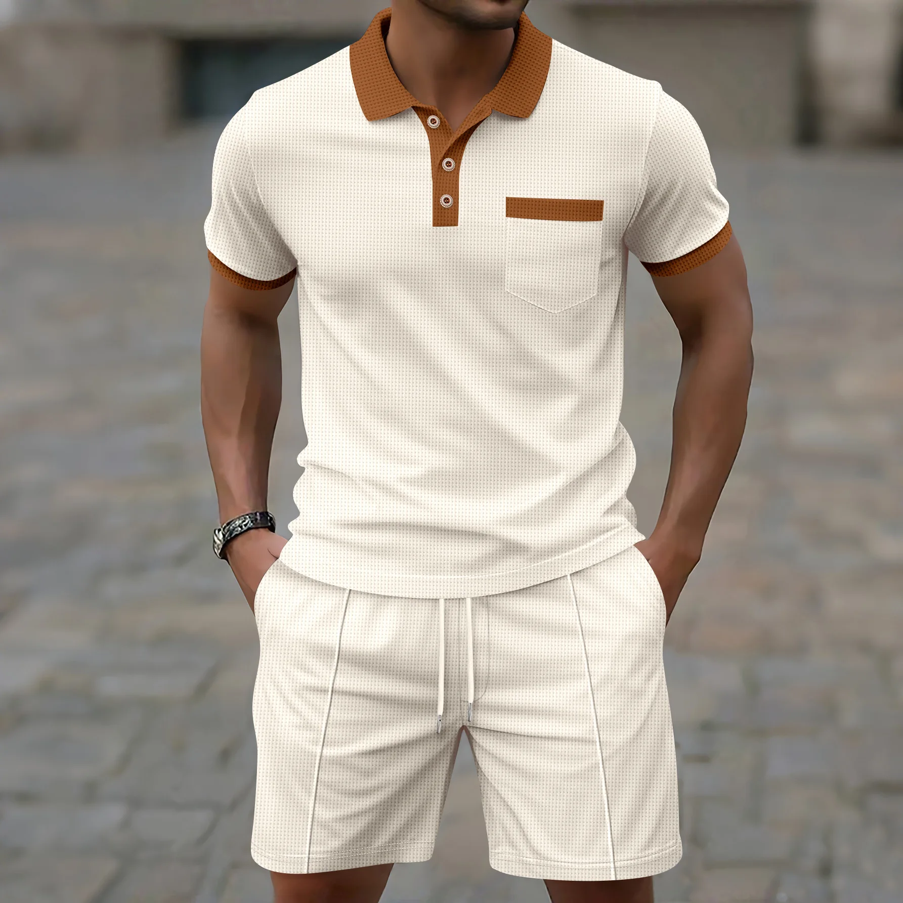 Summer new men's waffle check charm suit lapel color matching chest pocket leisure sports simple short-sleeved shorts suit