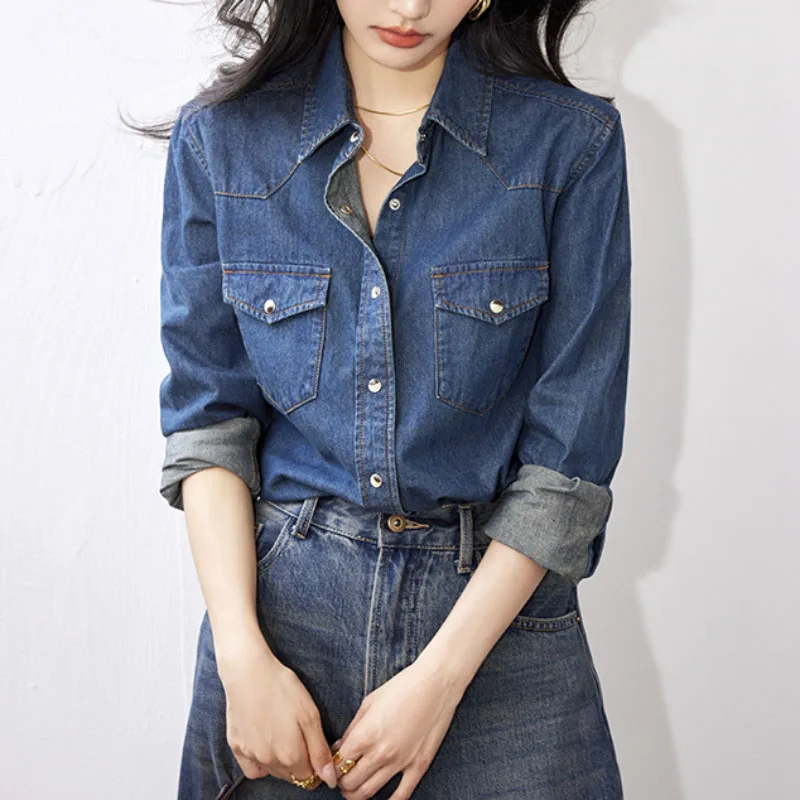 

New Autumn Women Full-Sleeves Vintage Turn-down Collar Pocket Female Korean Blouse Loose Long Denim Shirt Casual Tops