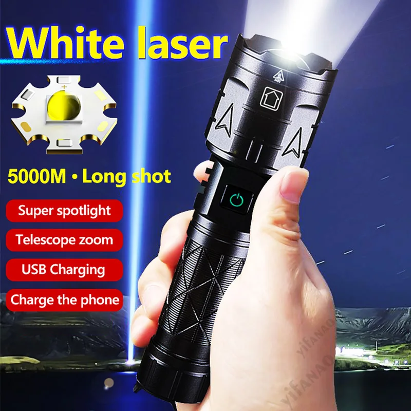 

9900000000LM White LED Spotlight Powerful Flashlight Torches Telescopic Zoom Type-C USB Input/Output Use 18560 or 26650 Battery