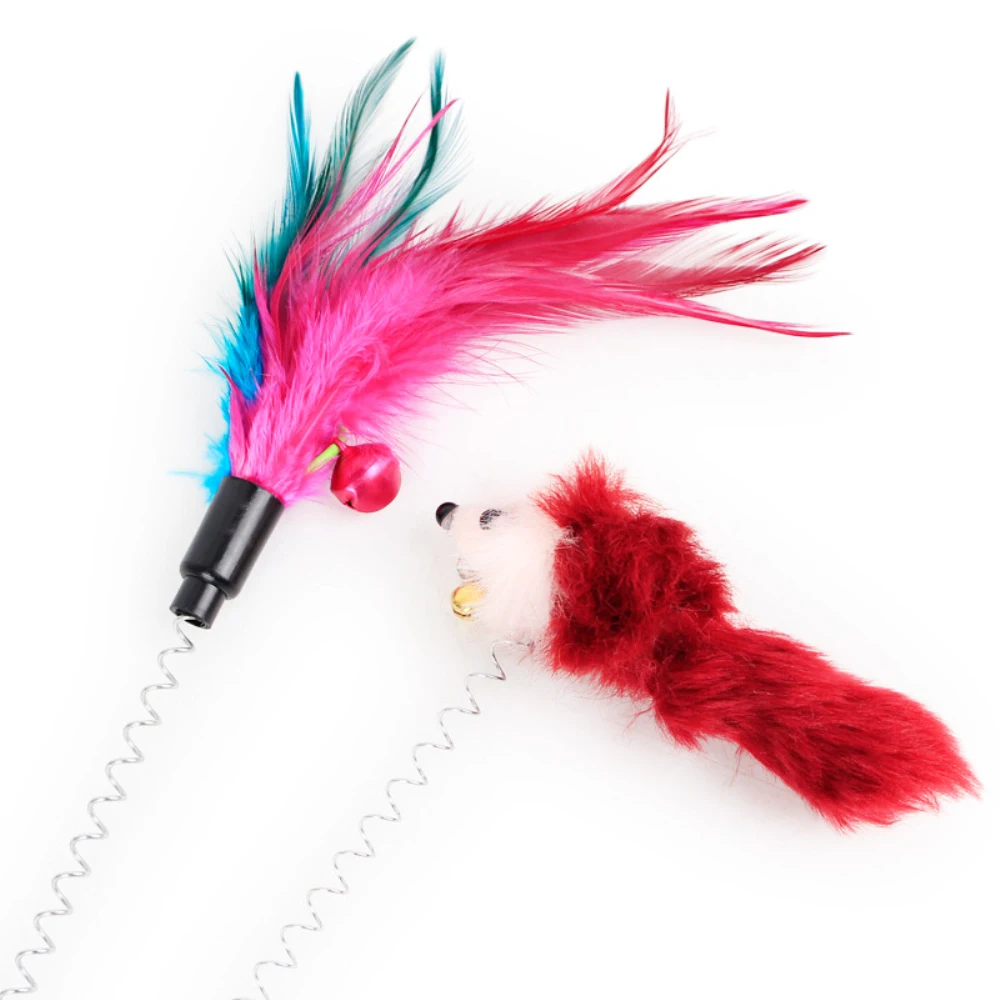 Multicolor Feather Stick Spring Toy Suction With Bell Mouse Cat Interactive Pet Tool Elastic Scratcher Mice Teaser Entertainment