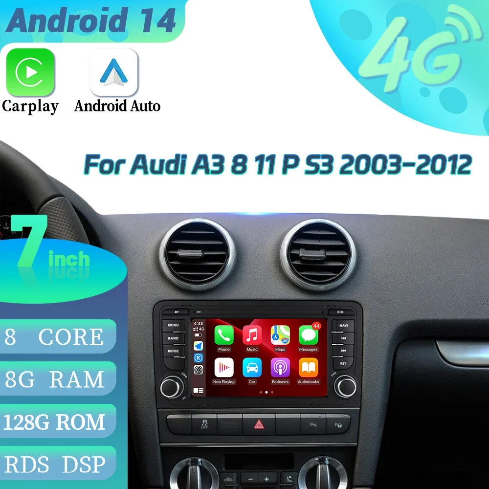 2 Din Android 12 Car Multimedia Apple Carplay For Audi A3 8 11 P S3 2003-2012 Sportback Radio GPS Navigation Stereo Screen