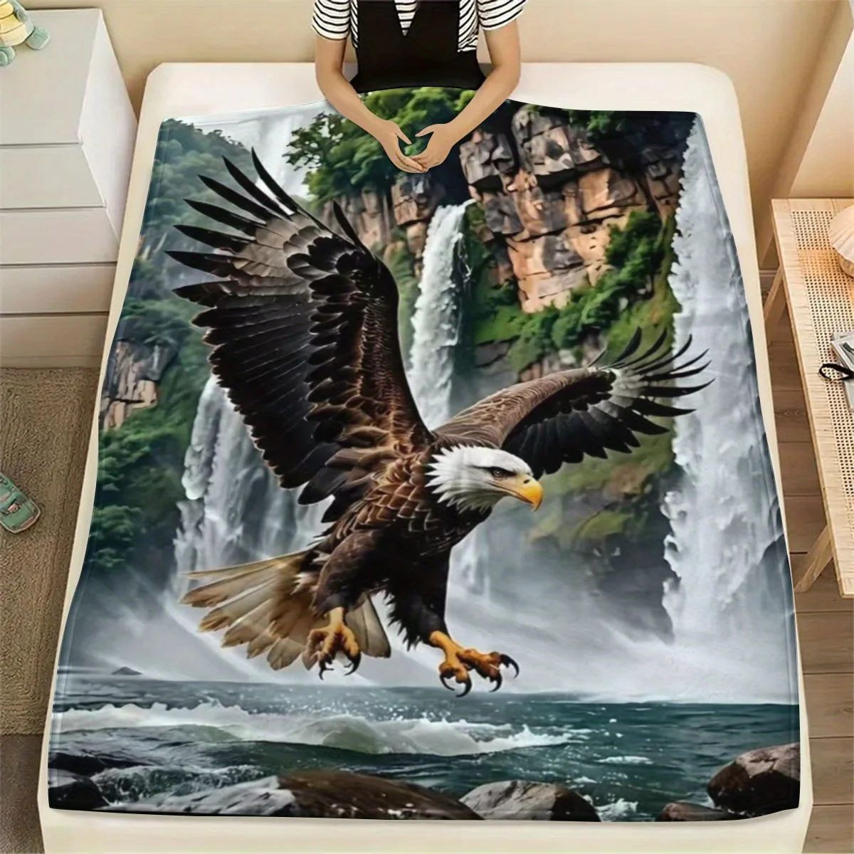 Bald Eagle Waterfall Flannel Throw Blanket Majestic Bald Eagle Flying Over Lake With Cliff Waterfall And Green Mountain Scenery