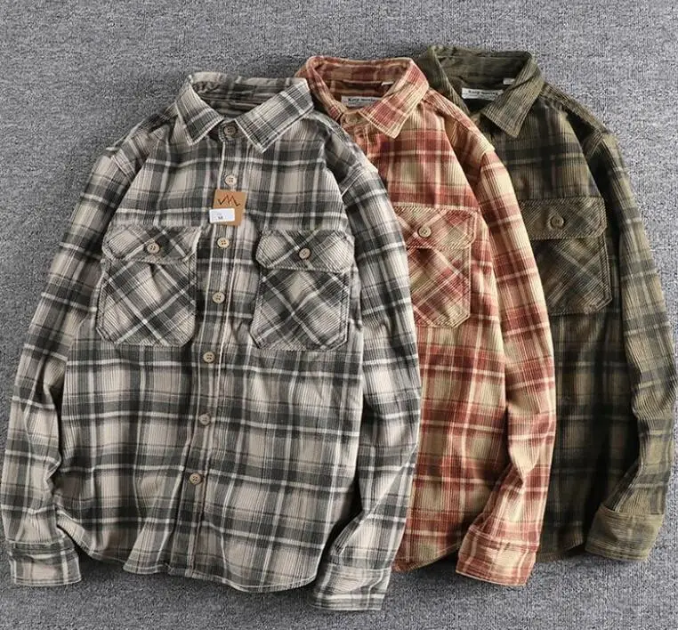 American Style Khaki Cloth Shirts Men Washed Corduroy Shirts Plaid Classic Lattice Corduroy Tops Outwear