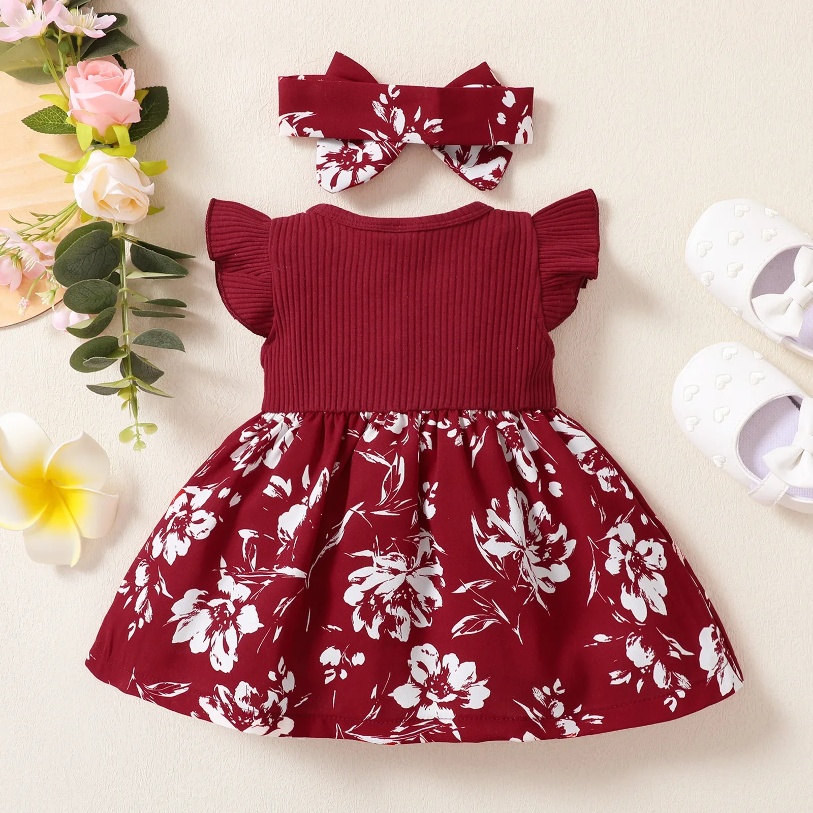 Summer Fashion Baby Girls Dress Bowknot Flowers Print Ruffle Sleeve Knee Patchwork Toddler Infant Red Dress Headband